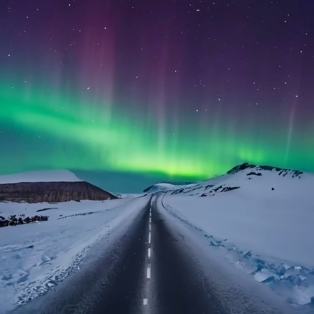 northern lights and snowy road